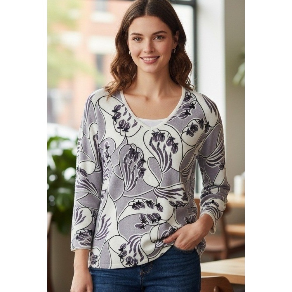 Pierri New York Floral Sweater Top Women's Size P/L Embellished Stretch Preppy